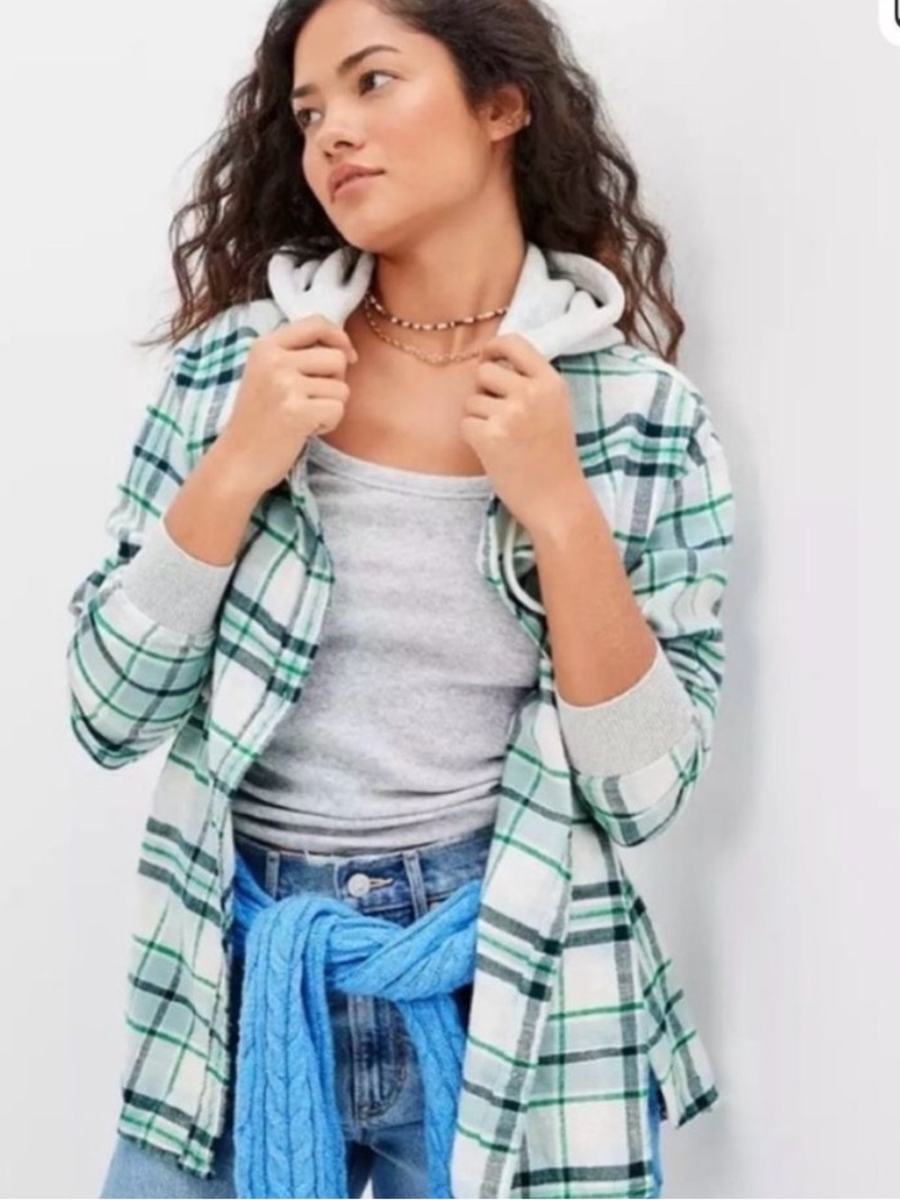 American Eagle Cozy Cabin Hoodie Flannel Shirt Green Plaid MEDIUM